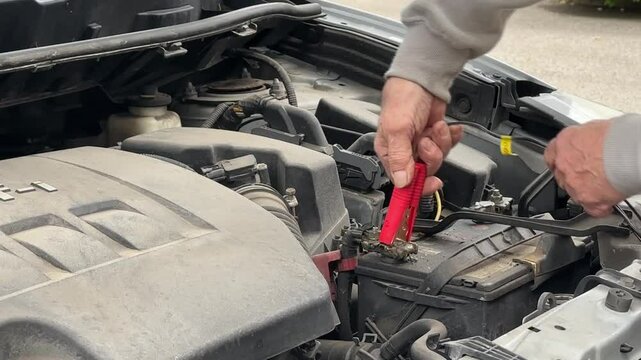 Jumpstarting a car battery with jumper cables outdoors