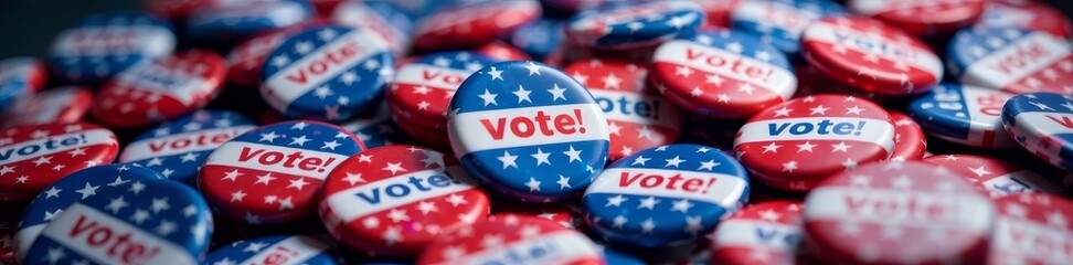 A pile of American flags with a few scattered on top with Vote! badges in the center , president, government