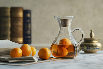 Citrus Infusion: Tangerines in Decanter, Aged Books & Decorative Brass on Marble.