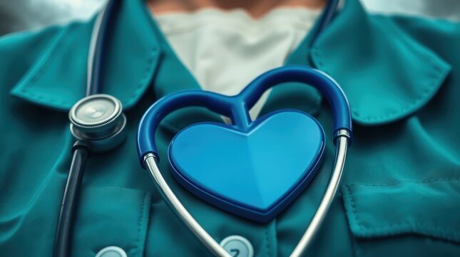 A healthcare professional wearing scrubs with a stethoscope and a heart symbol.