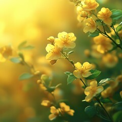 Field of yellow flowers with the sun shining on them