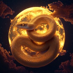 Fototapeta premium Majestic Snake Coiling Around a Full Moon: Lunar S majestic snake illustration, coiling snake artwork, 