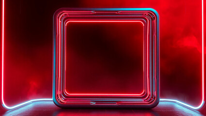 AI generative.  Futuristic frame border of square shape with neon glow effect on sunset coral background. Set 29