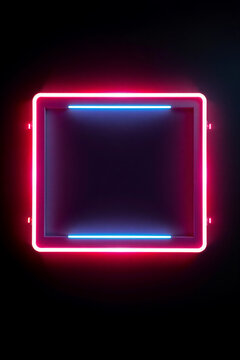 AI generative.  Futuristic frame border of square shape with neon glow effect on future dusk background. Set 34