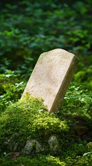 Moss-covered old gravestone leaning in lush forest nature tranquil environment close-up view
