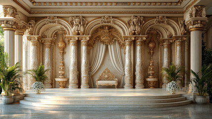 Obraz premium Opulent palace interior with throne, columns, and ornate details.