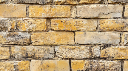 Obraz premium Old brick wall with yellow tones and rough texture in an outdoor setting. 