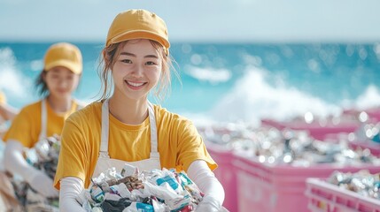 Community clean-up design. Volunteers cleaning up plastic waste on a beach with bright ocean backdrop.