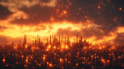 Fototapeta premium Fiery Industrial Skyline: A Digital Painting of an Orange-Lit City at Night