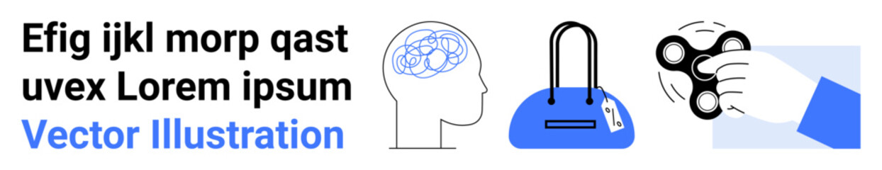 Brain, handbag, fidget spinner, and text elements. Ideal for psychological health, fashion, stress-relief, shopping tech gadgets text placeholders landing page design. Landing page