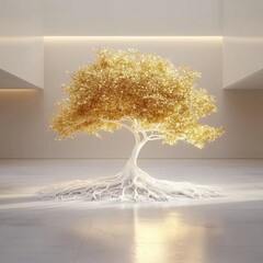 Radiant golden tree with white roots glowing in modern interior space nature art bright minimalist design