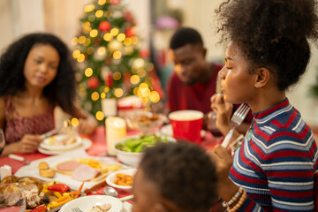 A joyful Christmas celebration with friends gathered around a festive dining table. Featuring a man in a Santa hat, a decorated Christmas tree, delicious food, and warm holiday cheer.