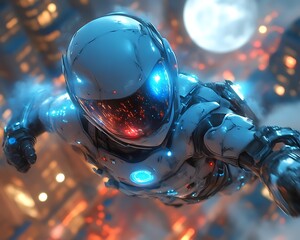 Futuristic astronaut flying over cyberpunk city at night.