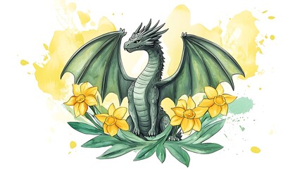 Obraz premium Green dragon sitting amidst yellow daffodils on watercolor background.