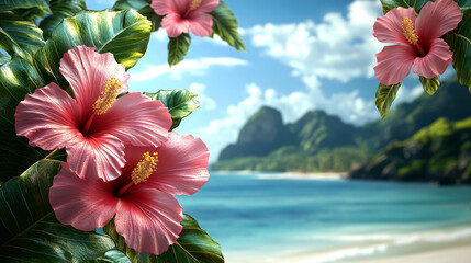 Pink hibiscus flowers in foreground, tropical beach and mountains in background.