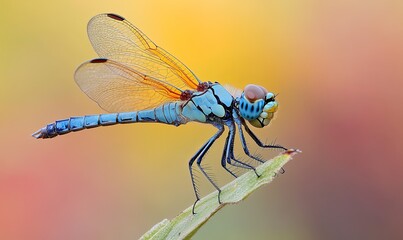Vibrant blue dragonfly perched on a leaf against a blurred sunset background.