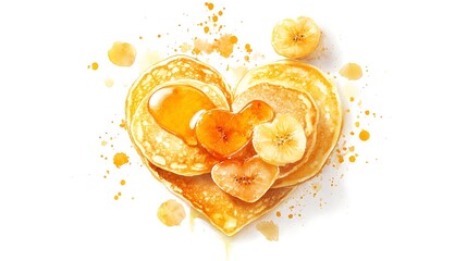 Heart-shaped pancakes with banana slices and honey.