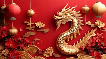 A captivating golden dragon surrounded by vibrant pink and red flowers and lanterns, ideal for Chinese New Year promotions and festive designs.