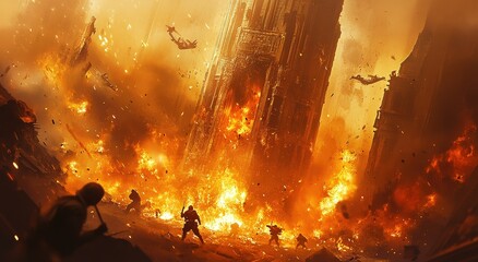 Inferno City: A fiery battle rages amidst towering structures, engulfing the urban landscape in an apocalyptic blaze. Soldiers fight amidst the chaos as aircrafts plummet from the sky.