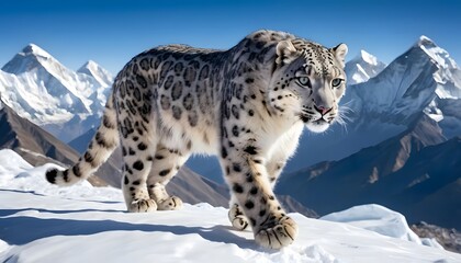 Fototapeta premium Majestic Snow Leopard on a Snowy Mountain Peak