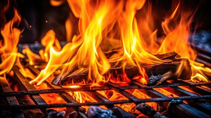 Fototapeta premium Minimalist design. Red flames and glowing embers ignite a wood-fired grill. Stunning photo.