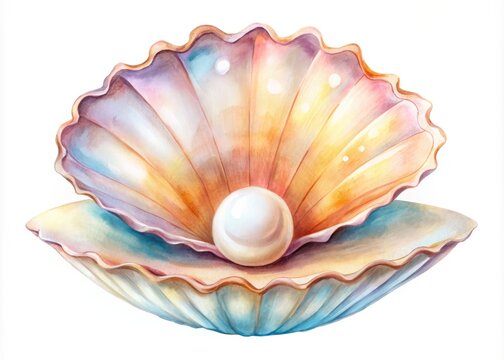 Minimalist ocean theme: delicate shell and pearl watercolor art.