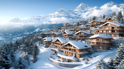 Snowy mountain village with luxury chalets.