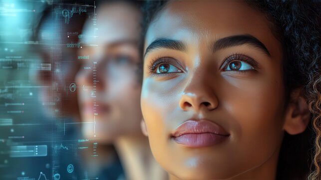 a diverse group of people's faces with thoughtful expressions, surrounded by blurred questionnaires and charts, symbolizing consumer survey insights, data analysis, and market research understanding.