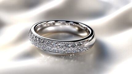 A diamond-encrusted silver ring resting on a smooth white background, casting vivid reflections under sharp lighting. contrast, white background, well-lit
