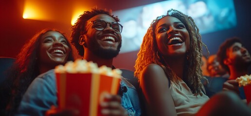 Fototapeta premium Friends enjoying a movie together with popcorn in a theater.