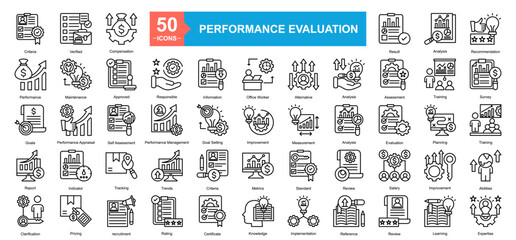 Performance Evaluation Icon Sheet Criteria, Verified, Compensation, Recommendation, Survey, Training, Abilities, Expertise, Result, Analysis, Performance, Maintenance, Approved, Responsible