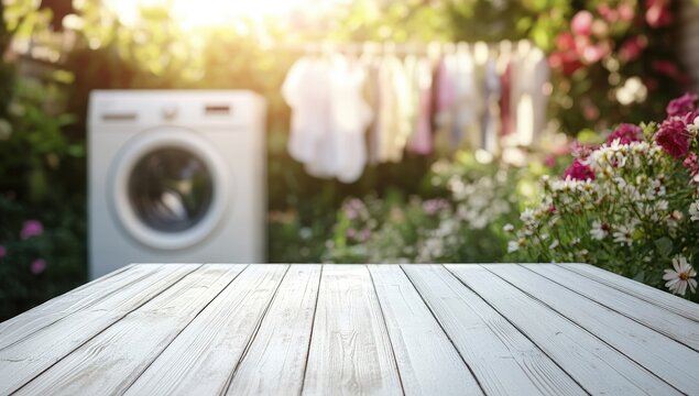 Sunny Laundry Day: Wooden Table in a Blooming Garden with a Washing Machine