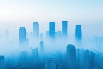 Toxic air pollution with suspended dust particles. Misty skyline with towering buildings in a serene blue atmosphere.
