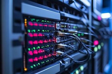 Server rack with glowing lights and cables. Concept of data center, technology, and internet.