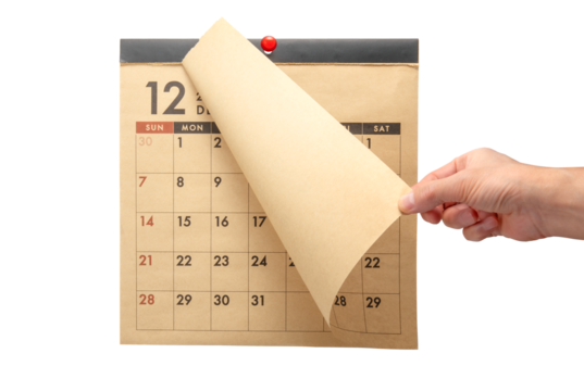 壁掛けの月めくりカレンダー。12月、年末、年の瀬のイメージ