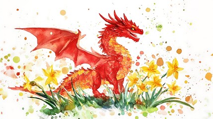 Red dragon amidst yellow daffodils in watercolor.