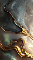 Dynamic abstract pattern of shimmering golden waves on dark obsidian surface artistic background close-up view