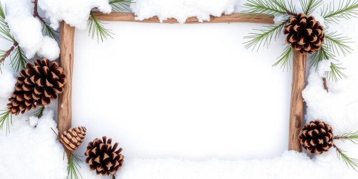 Snow covered ground, pinecone and wooden stick frame, wintry backdrop, seasonal design, pinecone, frame, wooden sticks