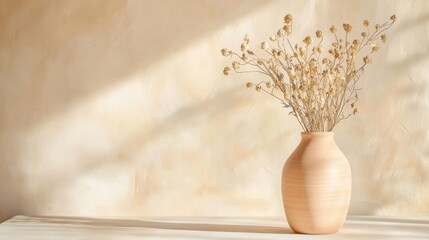 Dried flower arrangement in peachtoned ceramic vase minimalist interior light-filled room elegant decor