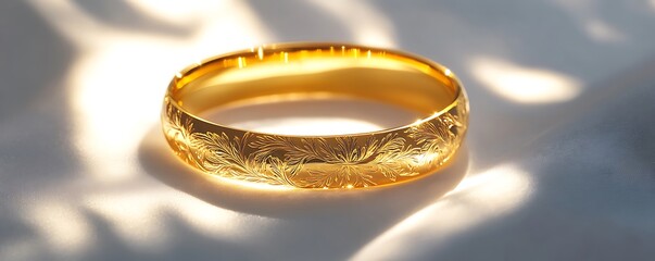 A gold bracelet with delicate engravings resting on a smooth white background, glowing under high-contrast lighting. contrast, white background, well-lit