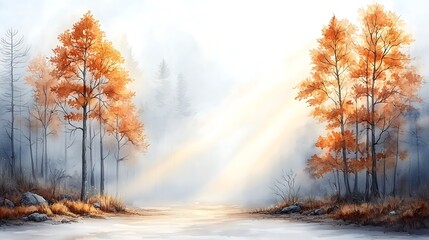 Autumnal Forest Fog, Sun Rays, Watercolor - Watercolor paintings