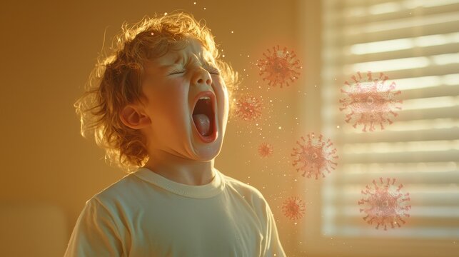 Child sneezing indoors with floating virus particles illustrating spread of germs and disease