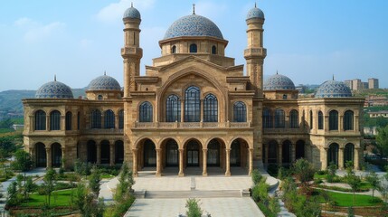 Grand mosque with symmetrical design, intricate details, and landscaped gardens.