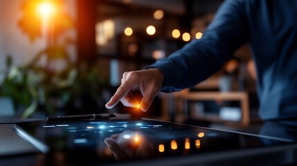 Naklejka premium A Person's Finger Interacting With a Futuristic Tablet Interface