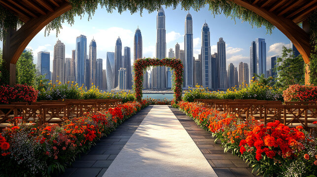 Cityscape wedding ceremony setup.