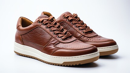 Brown leather sneakers on white background.