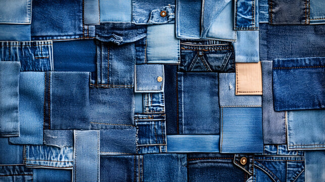A patchwork of various shades of denim fabric, showcasing texture and color diversity.
