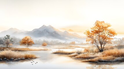 Serene Autumn River Landscape, Misty Mountains - Watercolor art