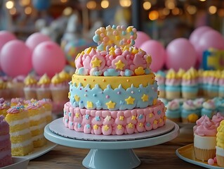 Three-tiered pastel birthday cake with stars and clouds.