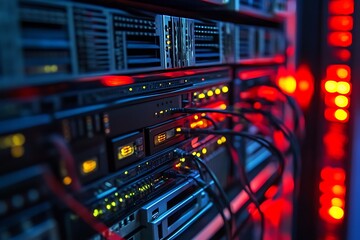 Obraz premium Server Rack with Network Cables. Concept of Data Center, Technology, and Cloud Computing.